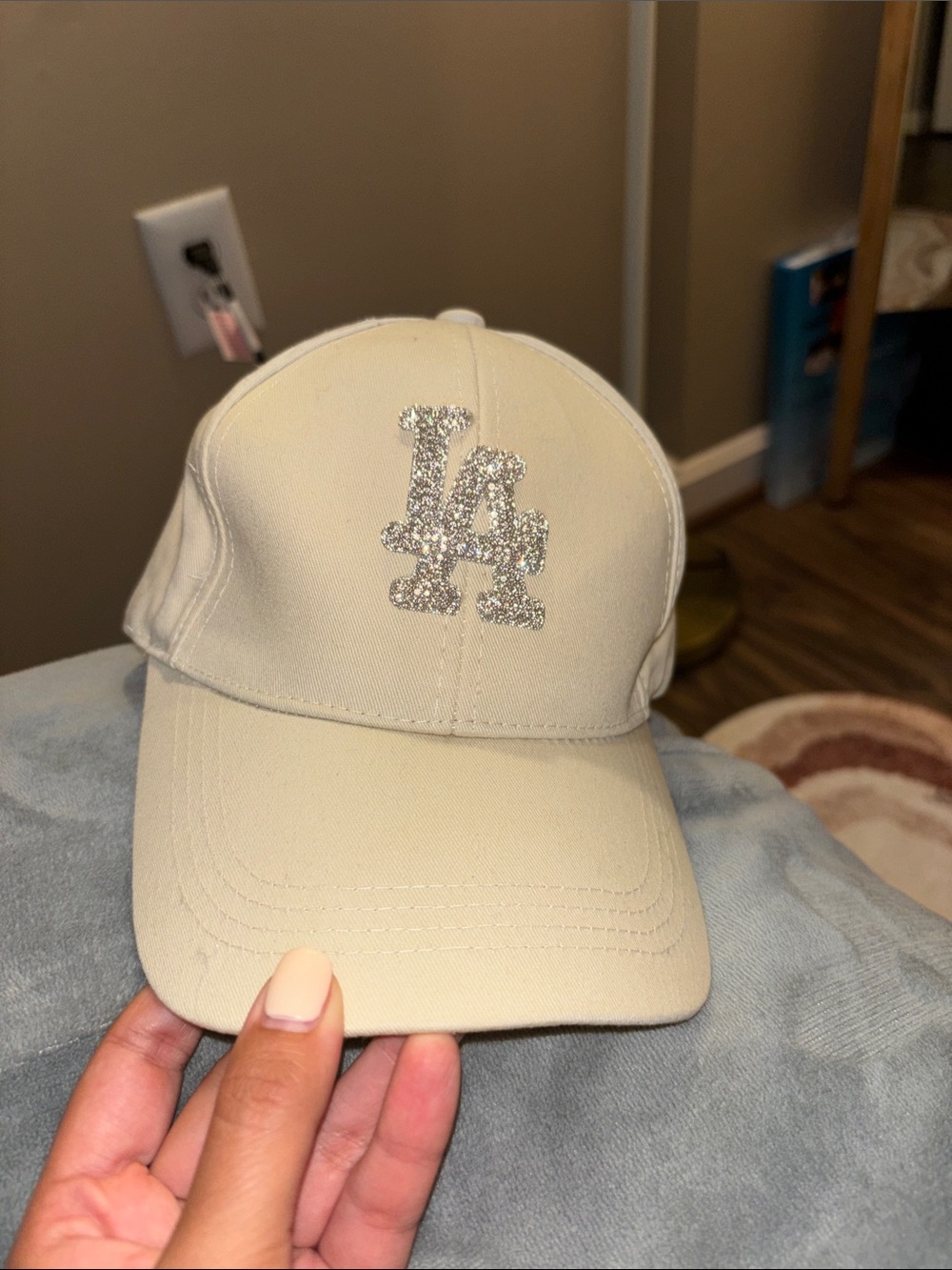 Off white Beige Women’s Baseball Hat with Silver Rhinestones LA Adjustable